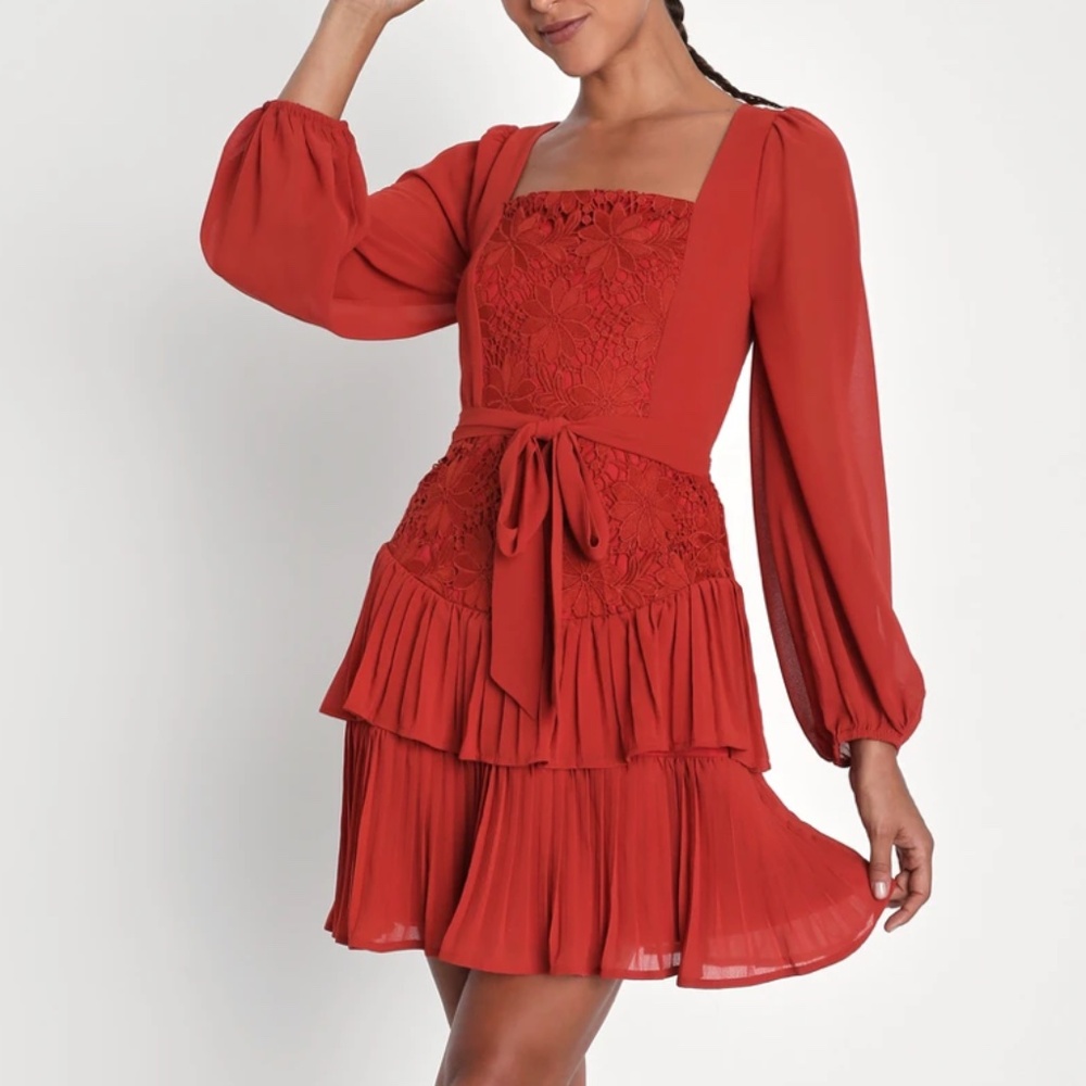 NWT • Lulus  • Rust Orange Crochet Lace Tiered Mini Dress •  Size S